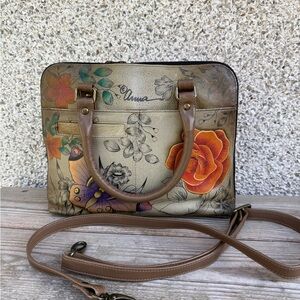 Anuschka Floral Painted Crossbody in Tan, Orange & Purple